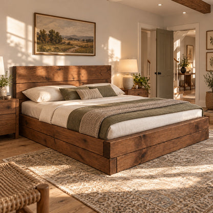 Brenton Walnut Colour Floor Bed Frame 20cm High  / Chunky Solid Rustic Pine Bed with Headboard