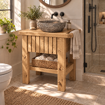 BUTLER Light Oak Colour Wooden Vanity and Shelf Storage with Stone Sink | Tribe Joinery