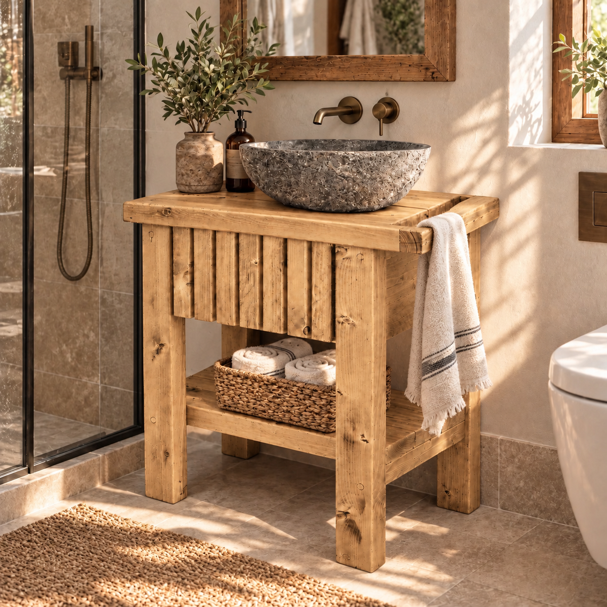 BUTLER Light Oak Colour Wooden Vanity and Shelf Storage with Stone Sink | Tribe Joinery