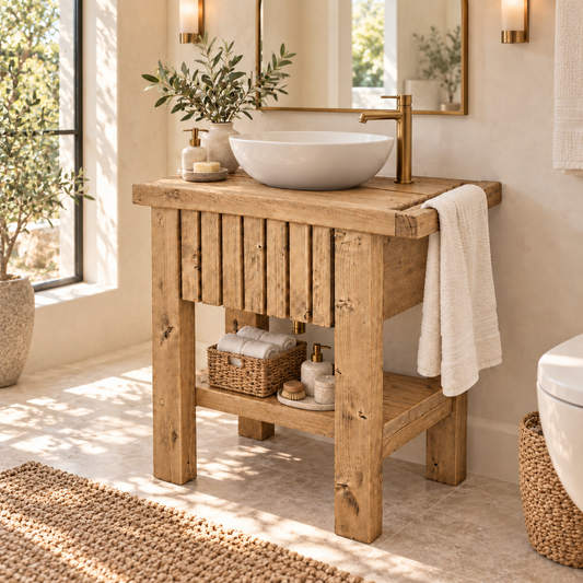 BUTLER Light Oak Colour Wooden Vanity and Shelf Storage with Stone Sink | Tribe Joinery