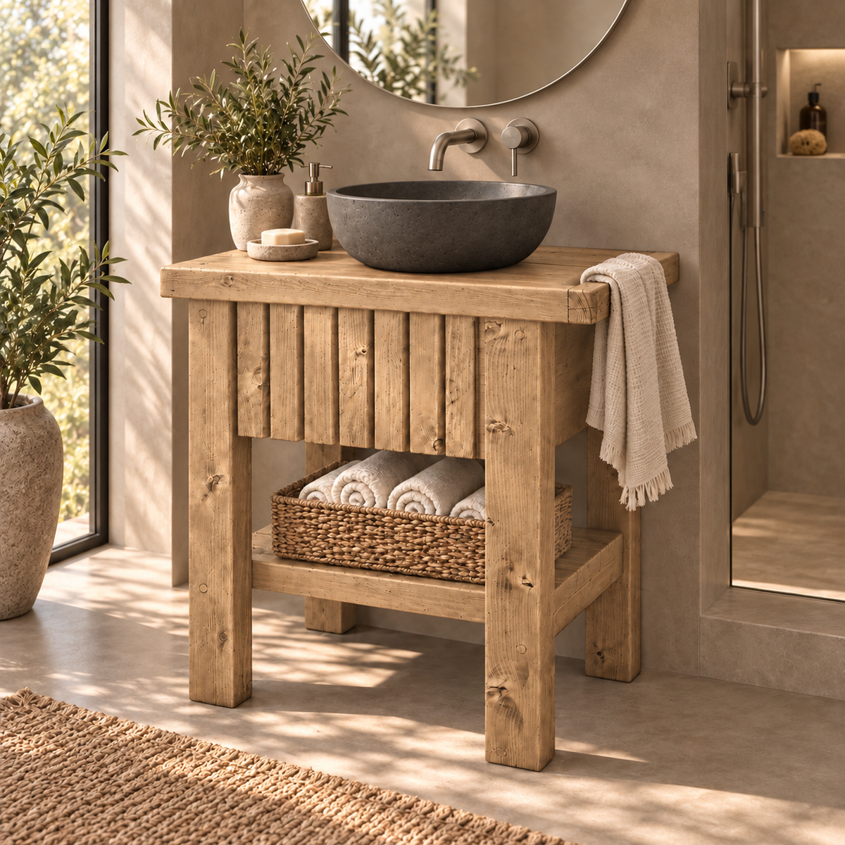 BUTLER Light Oak Colour Wooden Vanity and Shelf Storage with Stone Sink | Tribe Joinery