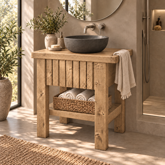 BUTLER Light Oak Colour Wooden Vanity and Shelf Storage with Stone Sink | Tribe Joinery