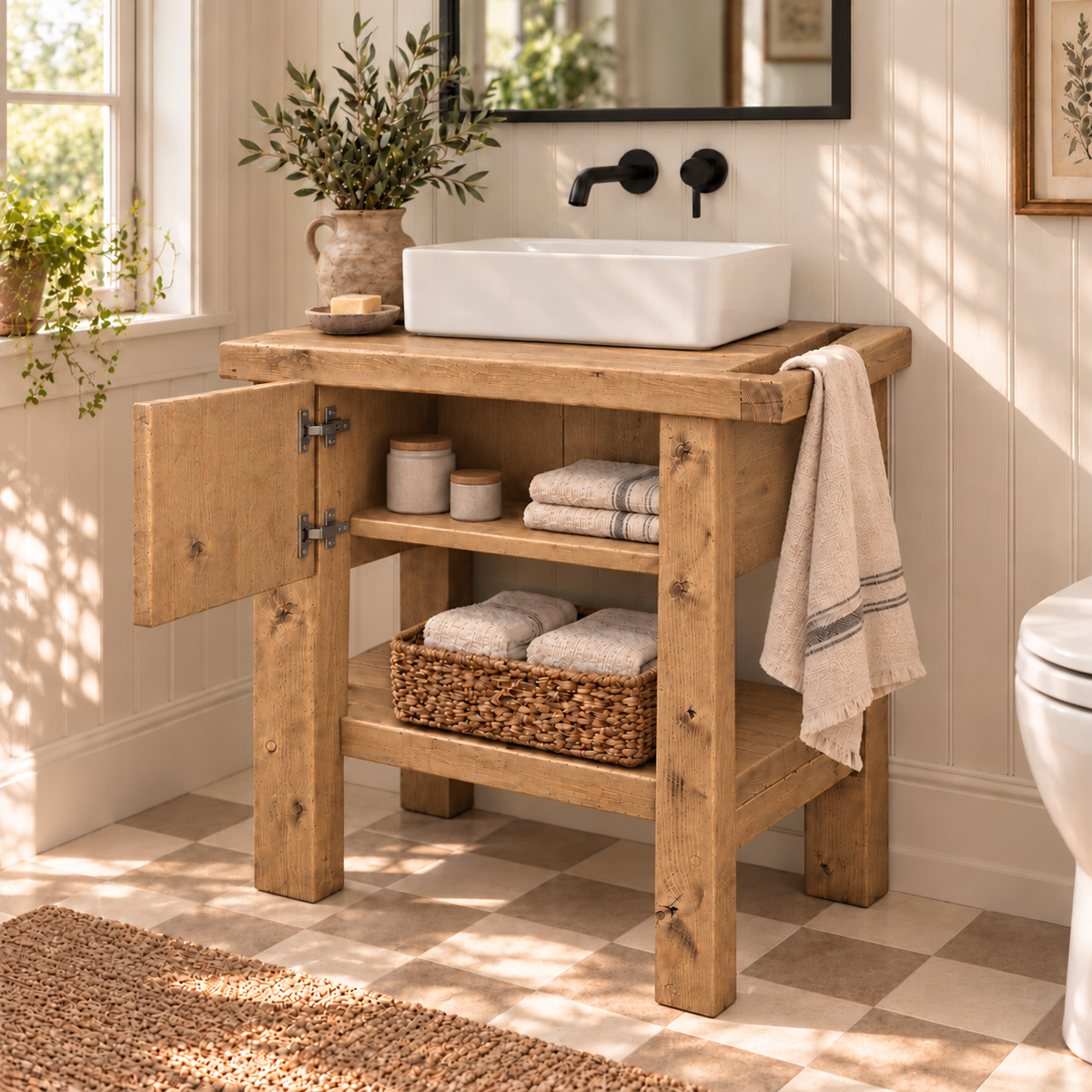 BUTLER Light Oak Colour Wooden Vanity and Shelf Storage with Stone Sink | Tribe Joinery