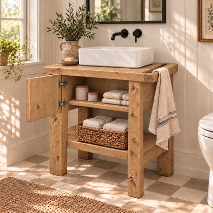 BUTLER Light Oak Colour Wooden Vanity and Shelf Storage with Stone Sink | Tribe Joinery