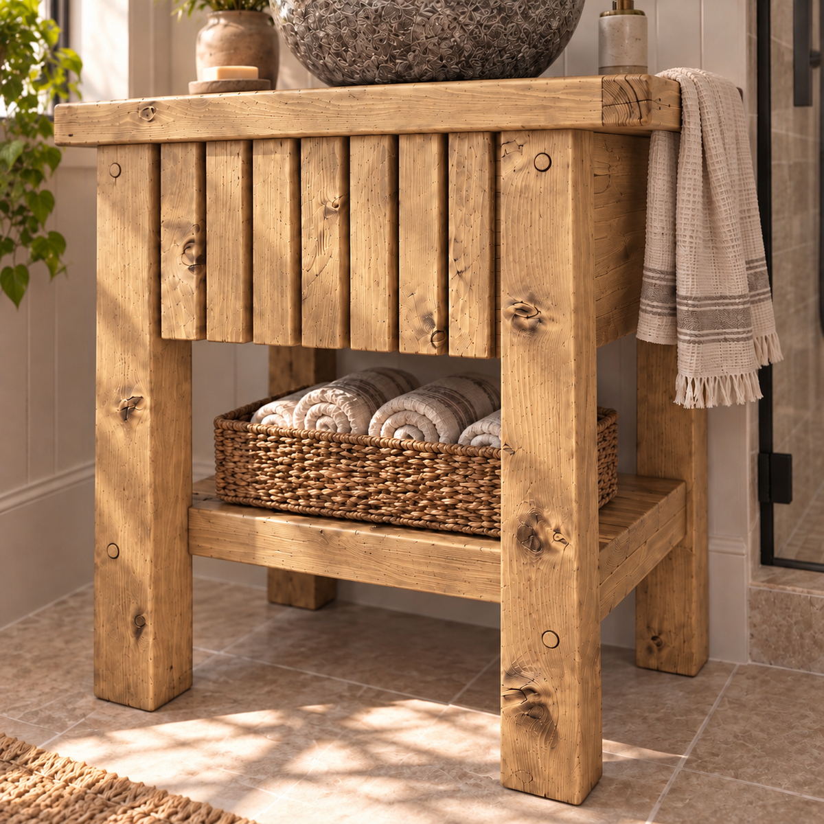 BUTLER Light Oak Colour Wooden Vanity and Shelf Storage with Stone Sink | Tribe Joinery
