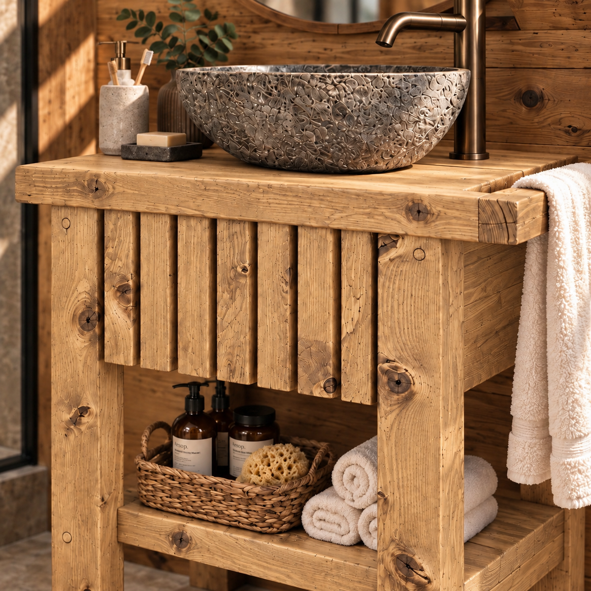 BUTLER Light Oak Colour Wooden Vanity and Shelf Storage with Stone Sink | Tribe Joinery