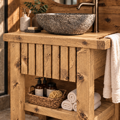 BUTLER Light Oak Colour Wooden Vanity and Shelf Storage with Stone Sink | Tribe Joinery