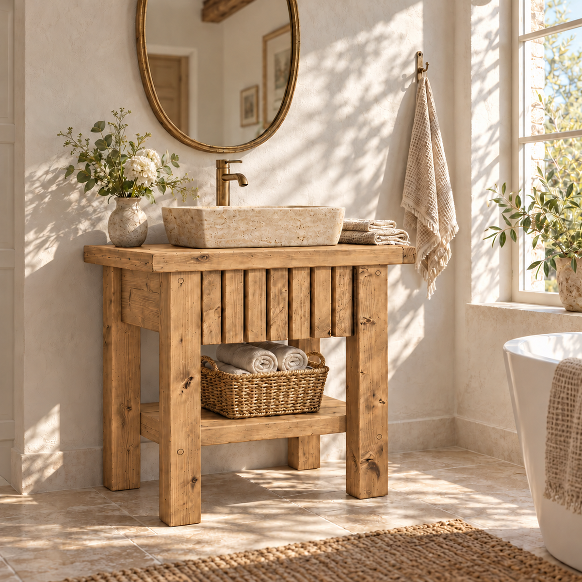 BUTLER Light Oak Colour Wooden Vanity and Shelf Storage with Stone Sink | Tribe Joinery