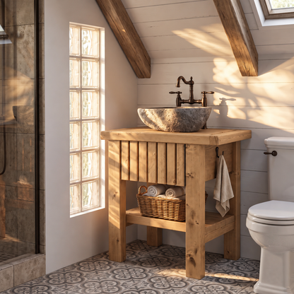 BUTLER Light Oak Colour Wooden Vanity and Shelf Storage with Stone Sink | Tribe Joinery