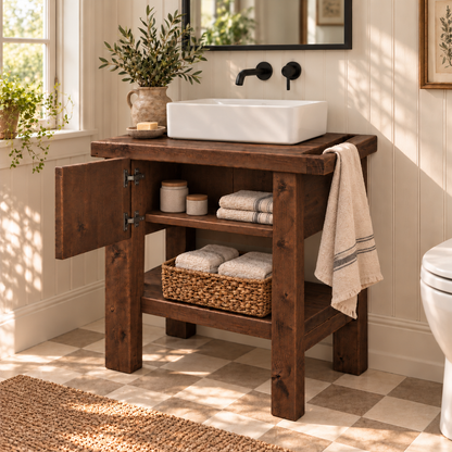 BUTLER Walnut Colour Wooden Vanity and Shelf Storage with Stone Sink | Tribe Joinery