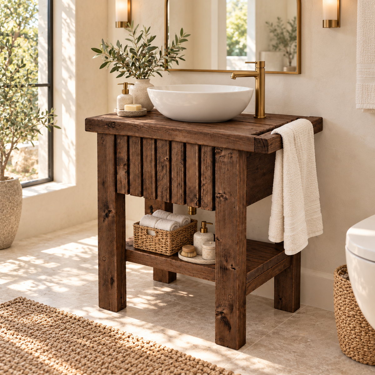 BUTLER Walnut Colour Wooden Vanity and Shelf Storage with Stone Sink | Tribe Joinery