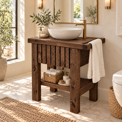 BUTLER Walnut Colour Wooden Vanity and Shelf Storage with Stone Sink | Tribe Joinery