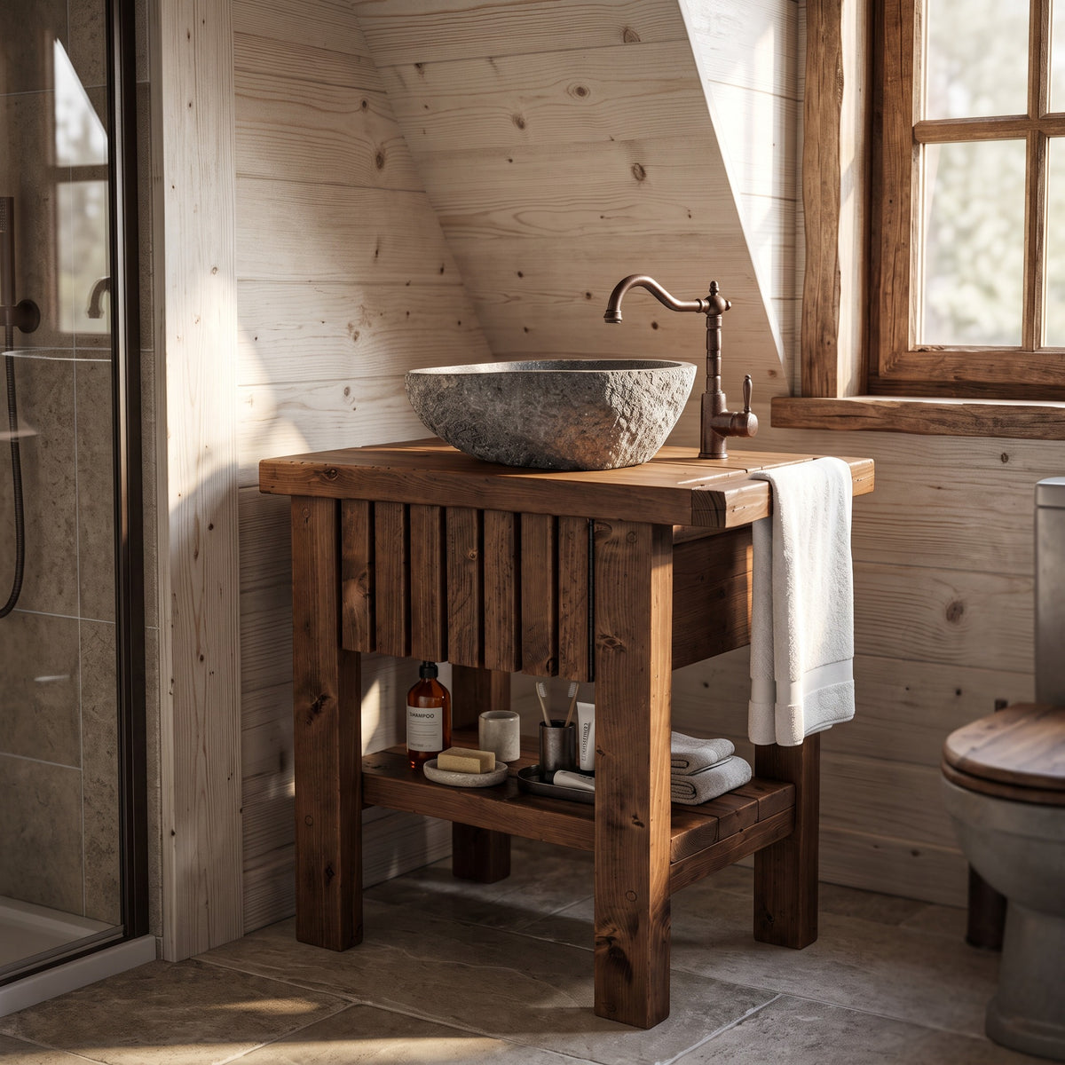 BUTLER Walnut Colour Wooden Vanity and Shelf Storage with Stone Sink | Tribe Joinery