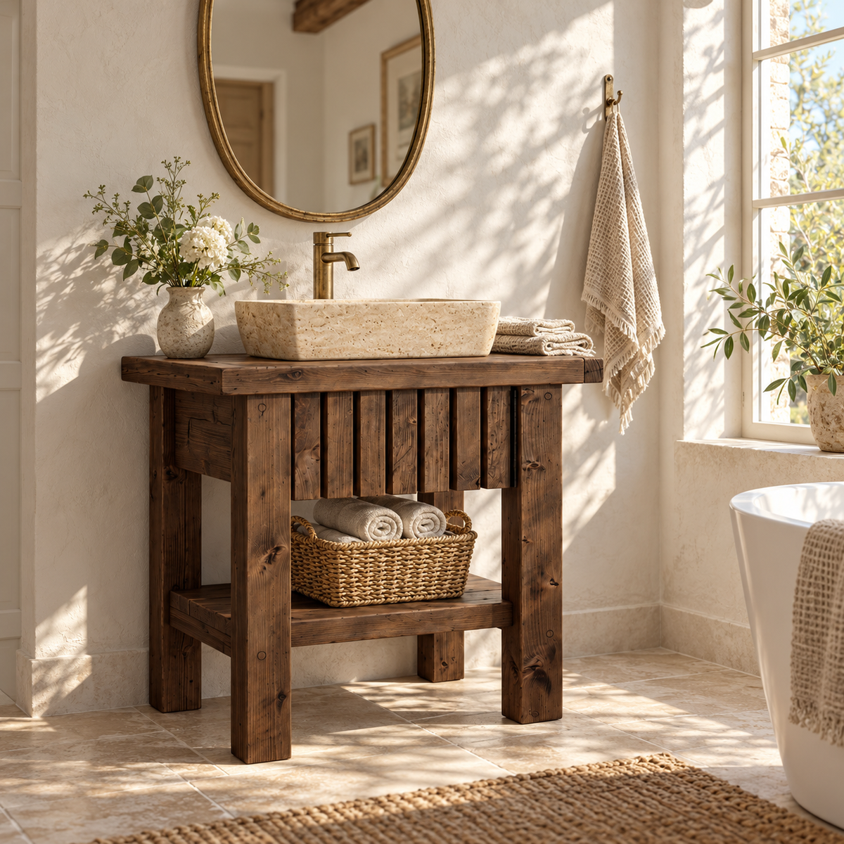 BUTLER Walnut Colour Wooden Vanity and Shelf Storage with Stone Sink | Tribe Joinery