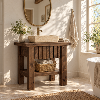 BUTLER Walnut Colour Wooden Vanity and Shelf Storage with Stone Sink | Tribe Joinery