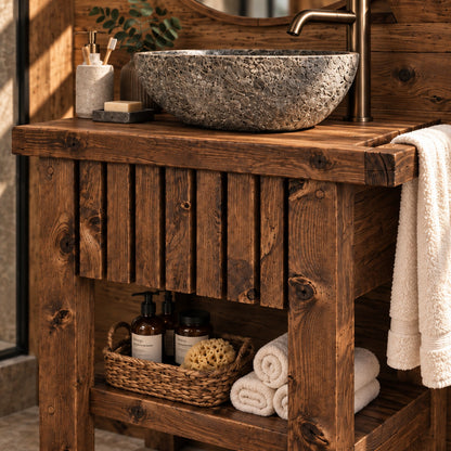 BUTLER Walnut Colour Wooden Vanity and Shelf Storage with Stone Sink | Tribe Joinery