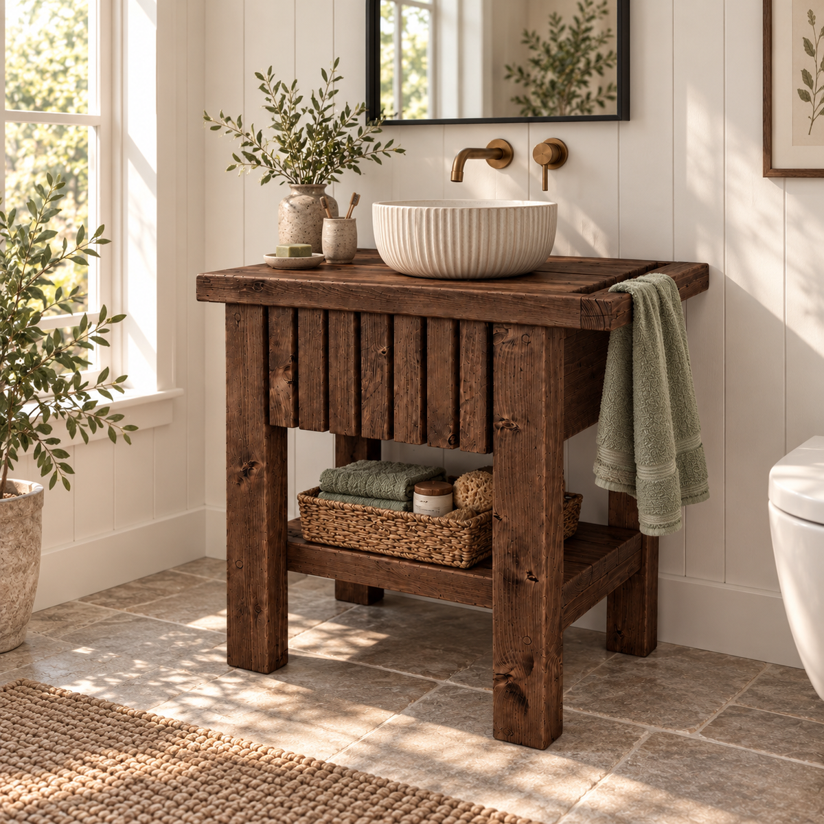 BUTLER Walnut Colour Wooden Vanity and Shelf Storage with Stone Sink | Tribe Joinery