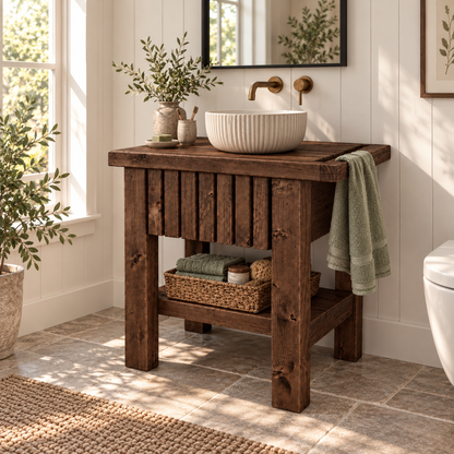 BUTLER Walnut Colour Wooden Vanity and Shelf Storage with Stone Sink | Tribe Joinery