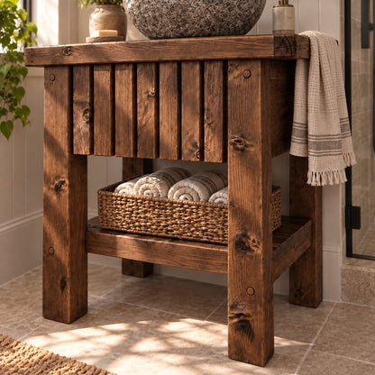 BUTLER Walnut Colour Wooden Vanity and Shelf Storage with Stone Sink | Tribe Joinery