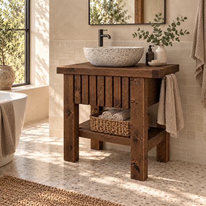 BUTLER Walnut Colour Wooden Vanity and Shelf Storage with Stone Sink | Tribe Joinery