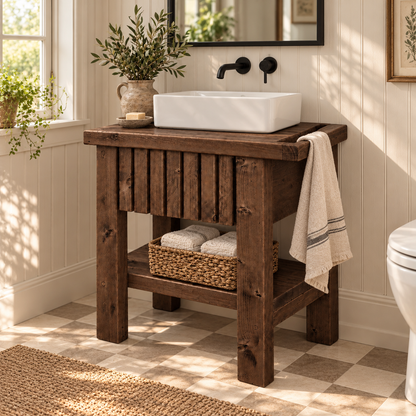 BUTLER Walnut Colour Wooden Vanity and Shelf Storage with Stone Sink | Tribe Joinery