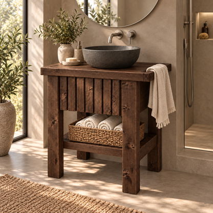 BUTLER Walnut Colour Wooden Vanity and Shelf Storage with Stone Sink | Tribe Joinery