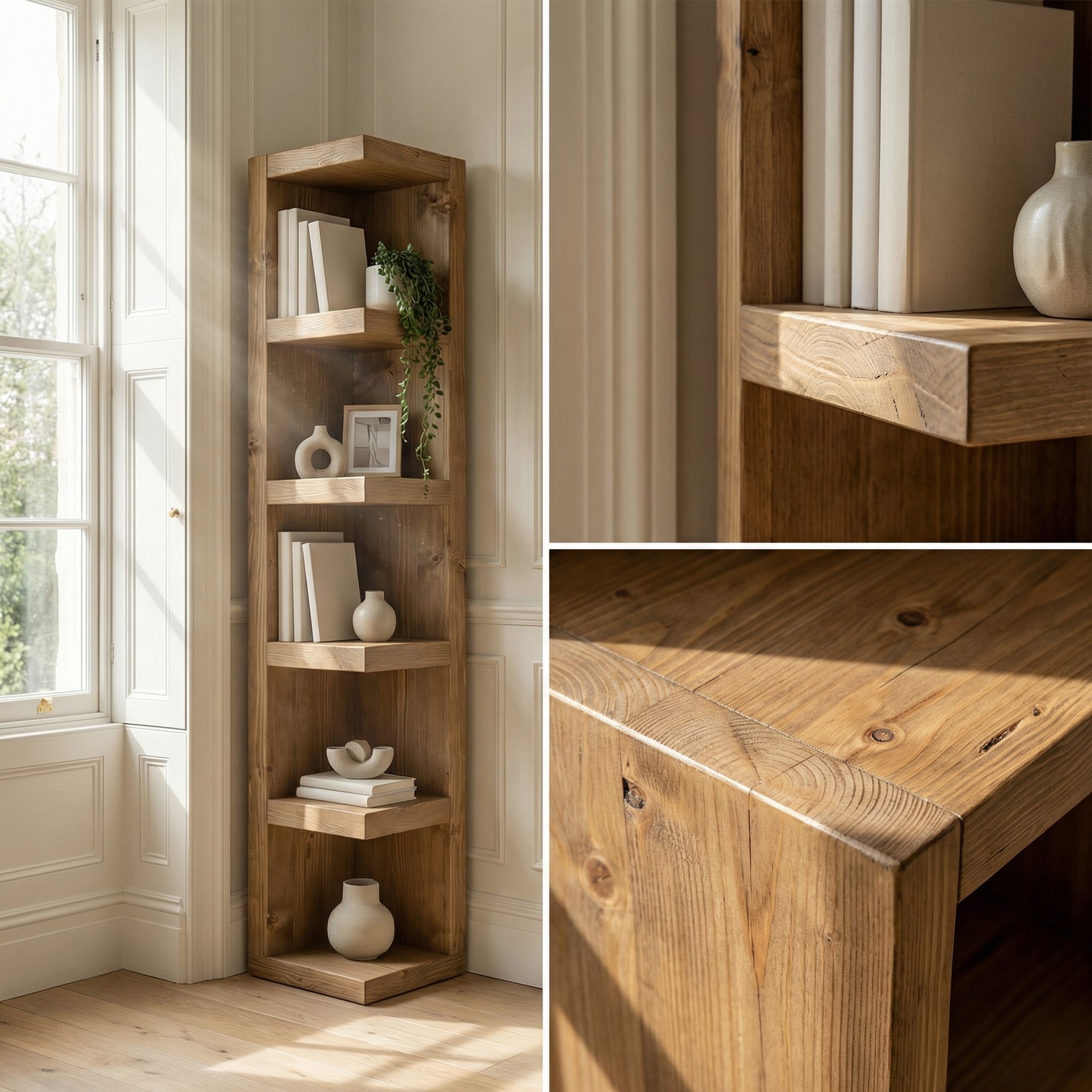 Cotswold Solid Wood Corner Bookshelf –  Bookcase, Rustic Scandinavian Design