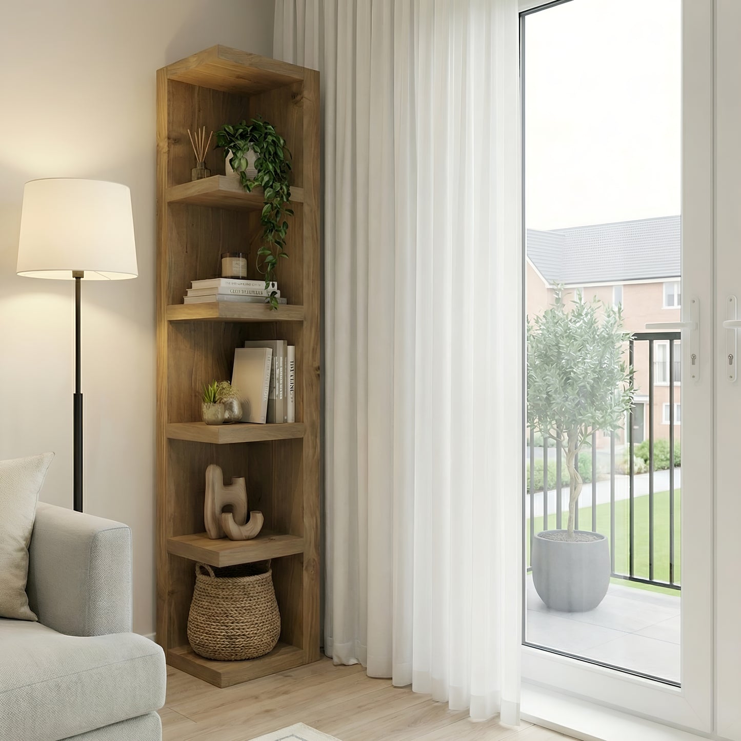 Cotswold Solid Wood Corner Bookshelf –  Bookcase, Rustic Scandinavian Design