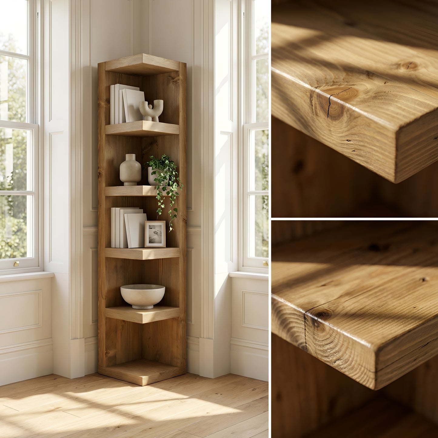 Cotswold Solid Wood Corner Bookshelf –  Bookcase, Rustic Scandinavian Design