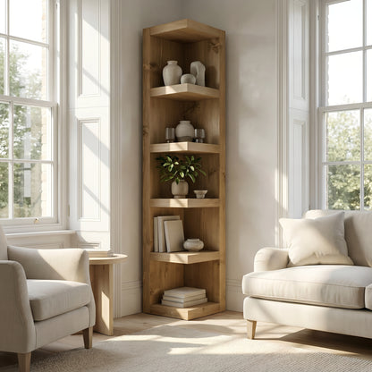 Cotswold Solid Wood Corner Bookshelf –  Bookcase, Rustic Scandinavian Design