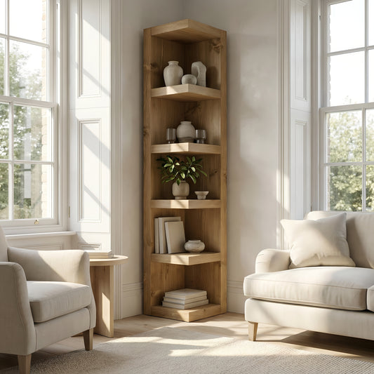 Cotswold Solid Wood Corner Bookshelf –  Bookcase, Rustic Scandinavian Design