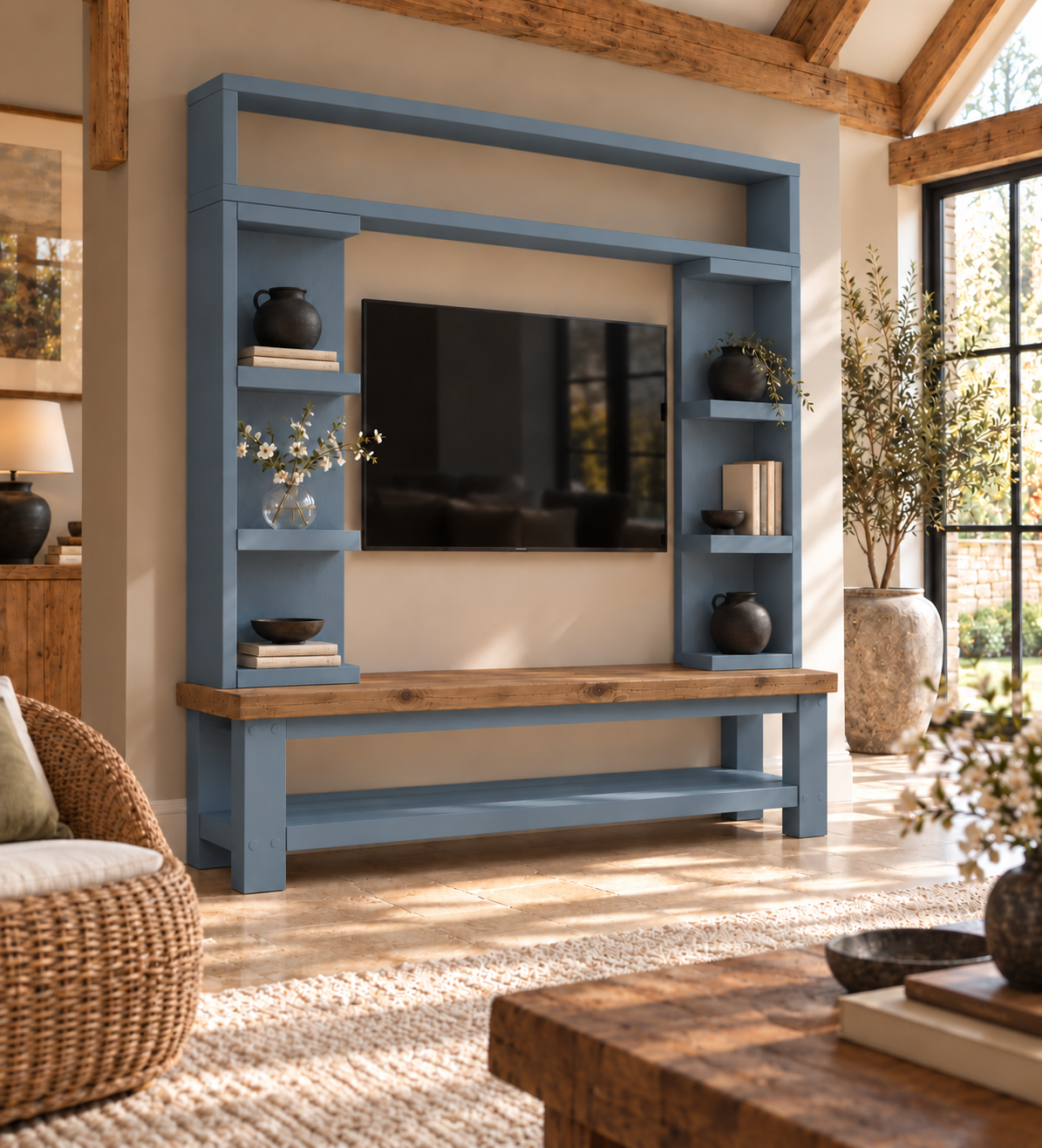 Cavendish Blue Media Wall Unit with TV Stand & Shelving Solid Wood