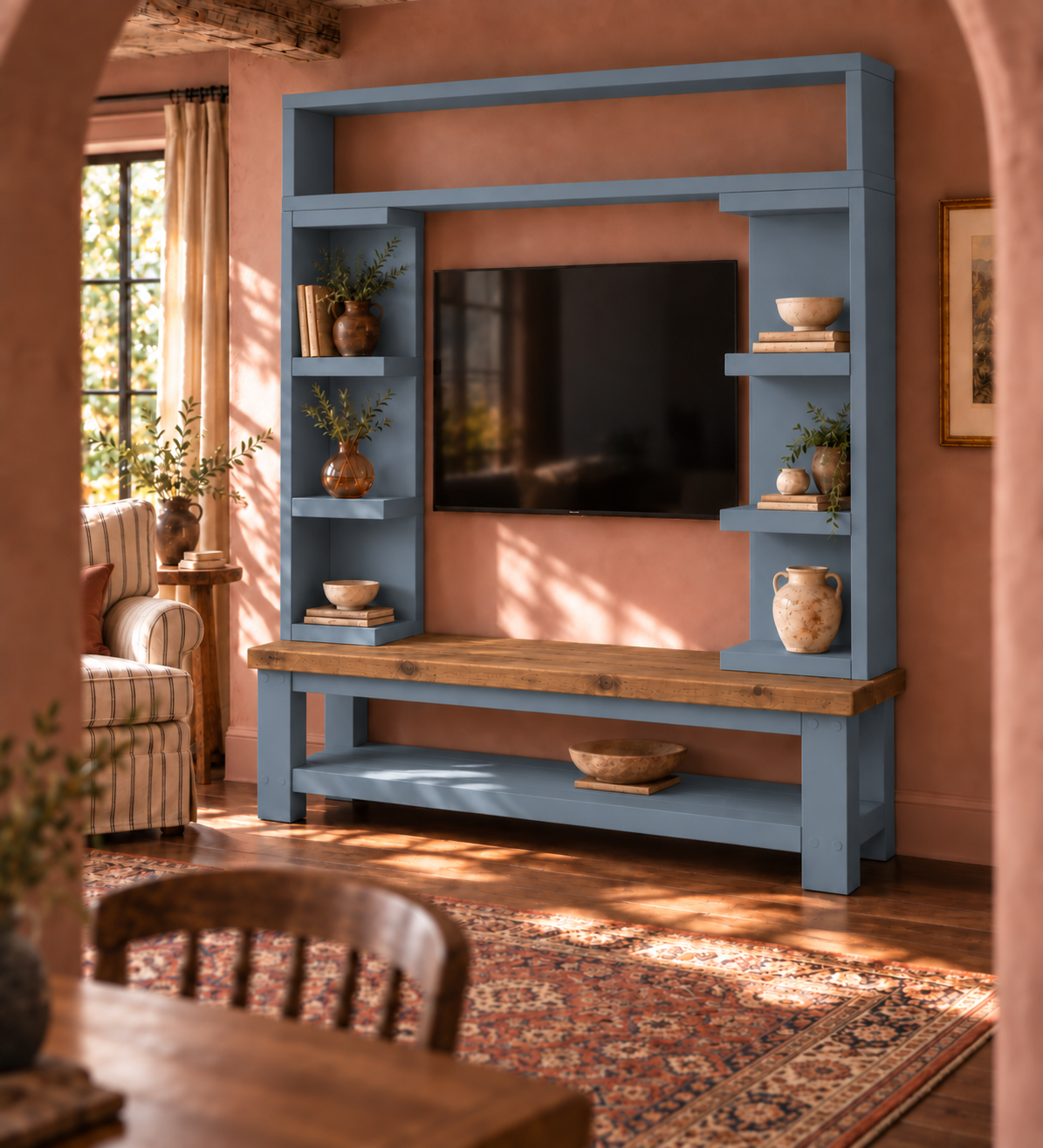 Cavendish Blue Media Wall Unit with TV Stand & Shelving Solid Wood
