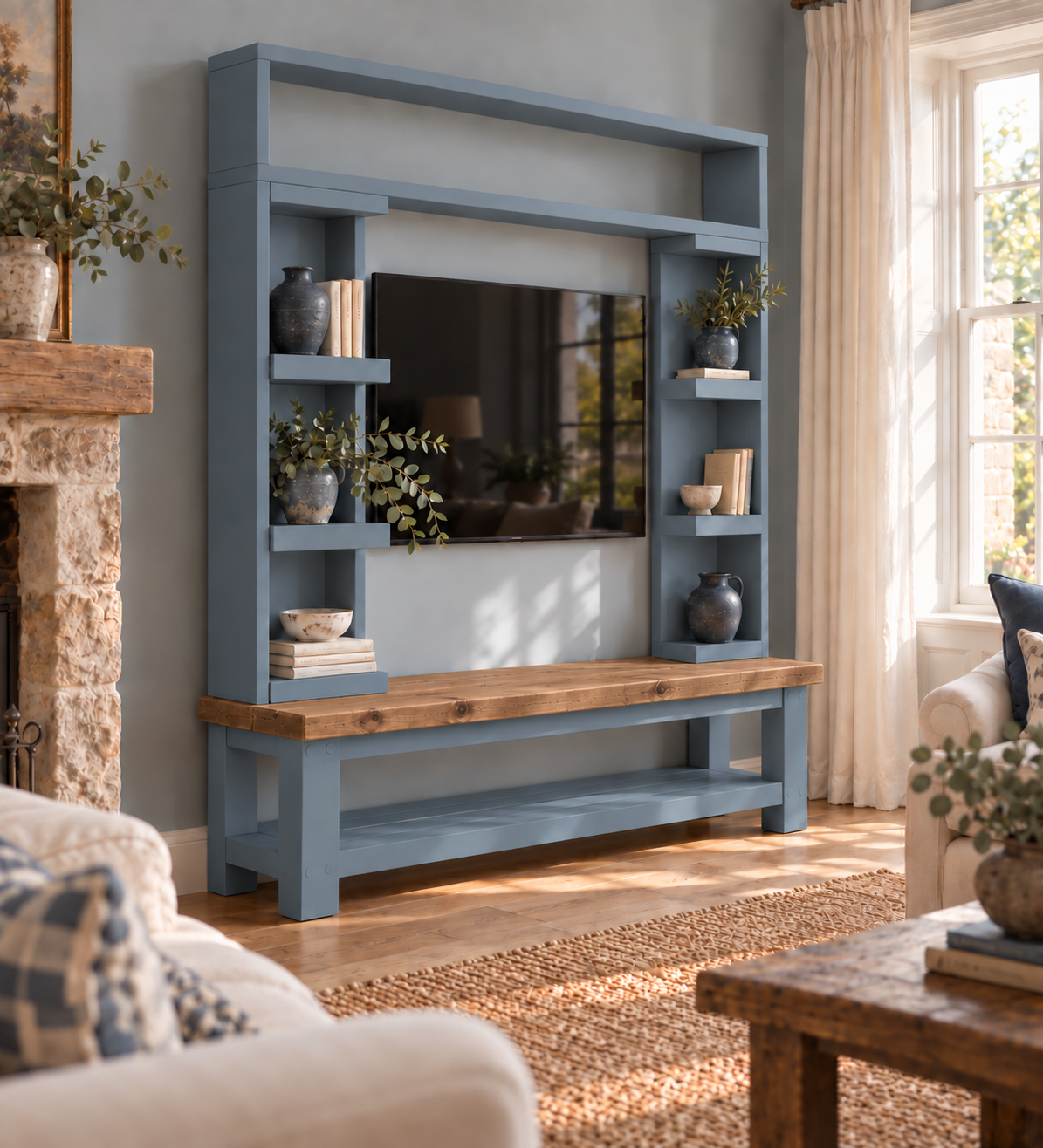 Cavendish Blue Media Wall Unit with TV Stand & Shelving Solid Wood