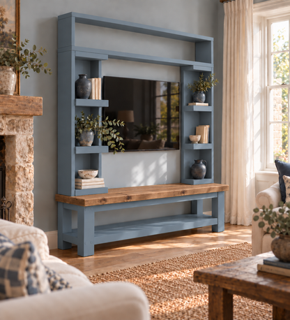 Cavendish Blue Media Wall Unit with TV Stand & Shelving Solid Wood