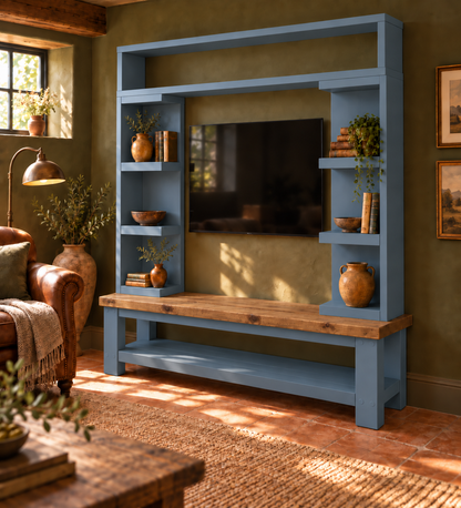 Cavendish Blue Media Wall Unit with TV Stand & Shelving Solid Wood
