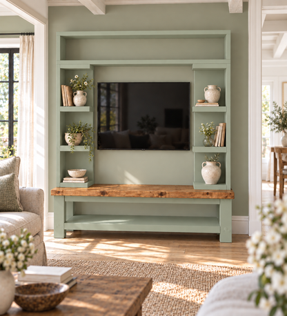 Cavendish Light Green Media Wall Unit with TV Stand & Shelving Solid Wood
