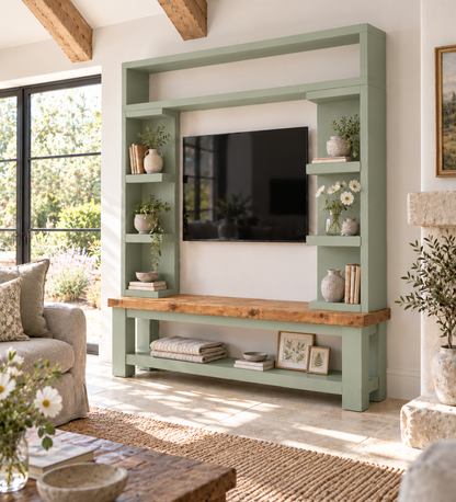 Cavendish Light Green Media Wall Unit with TV Stand & Shelving Solid Wood