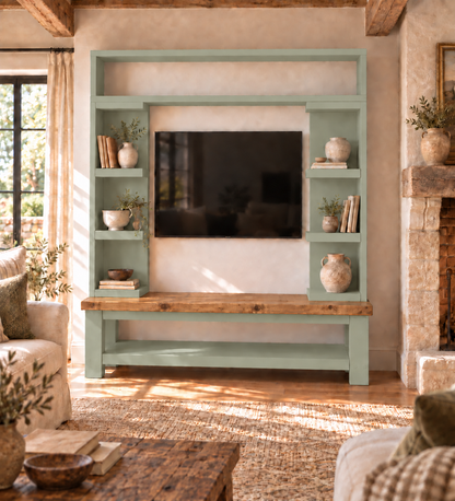 Cavendish Light Green Media Wall Unit with TV Stand & Shelving Solid Wood