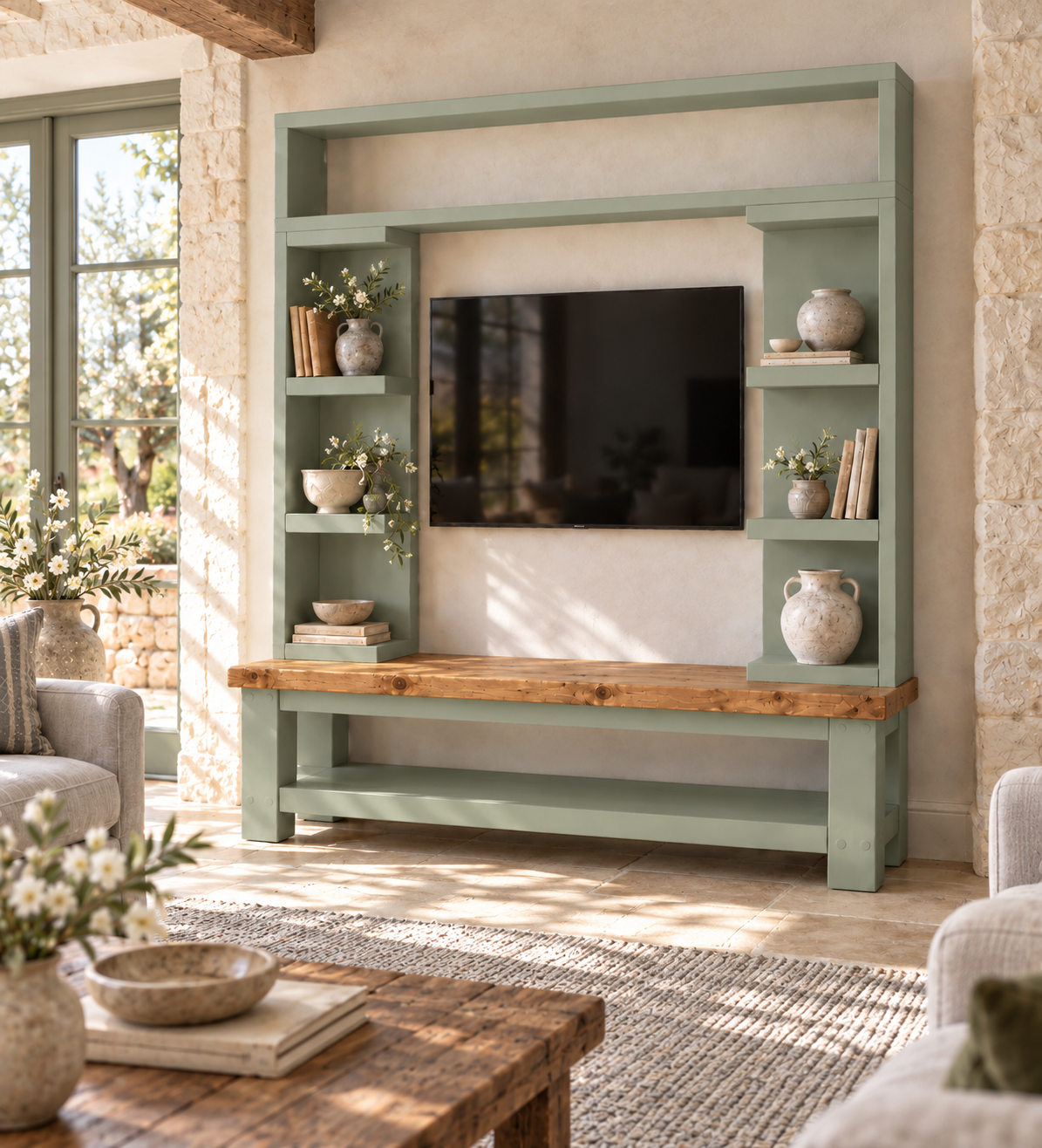 Cavendish Light Green Media Wall Unit with TV Stand & Shelving Solid Wood