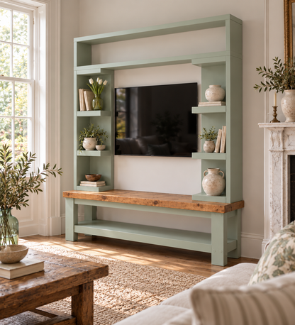 Cavendish Light Green Media Wall Unit with TV Stand & Shelving Solid Wood