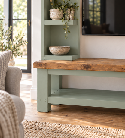 Cavendish Light Green Media Wall Unit with TV Stand & Shelving Solid Wood