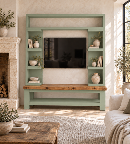 Cavendish Light Green Media Wall Unit with TV Stand & Shelving Solid Wood