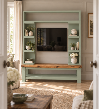 Cavendish Light Green Media Wall Unit with TV Stand & Shelving Solid Wood