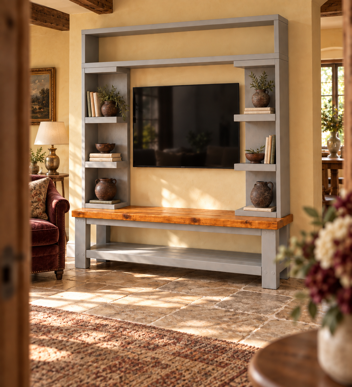 Cavendish Light Grey Media Wall Unit with TV Stand & Shelving Solid Wood
