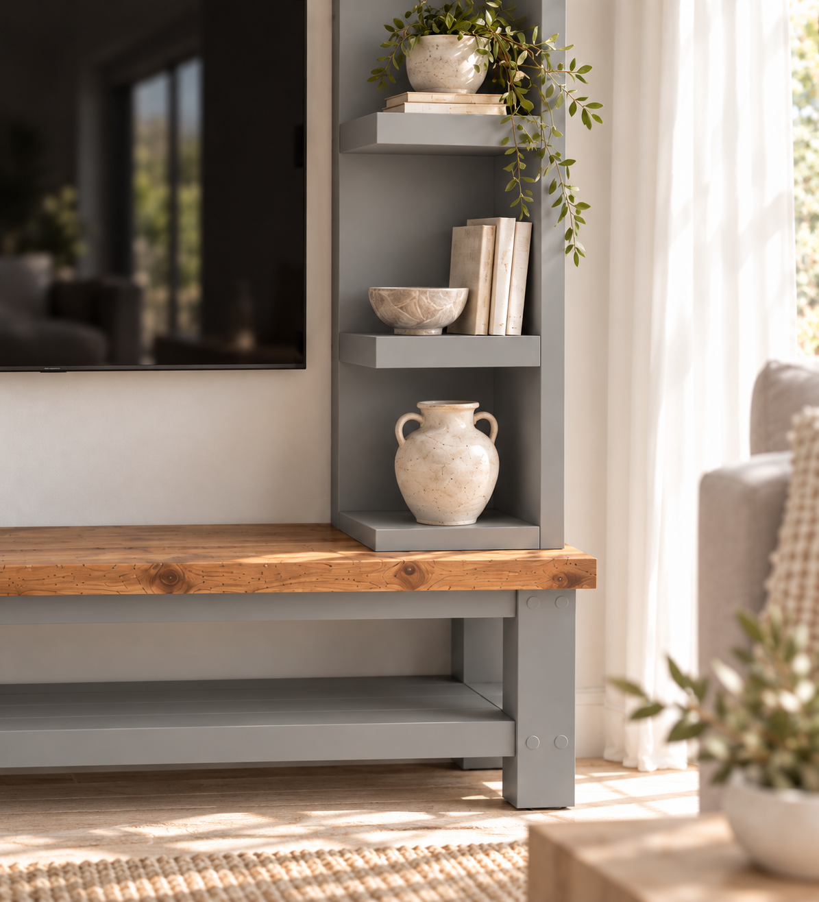 Cavendish Medium Grey Media Wall Unit with TV Stand & Shelving Solid Wood