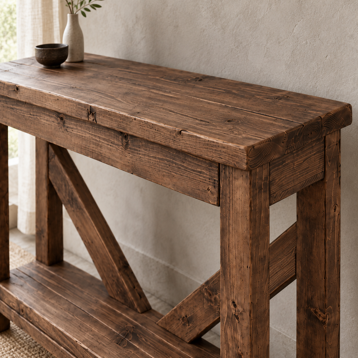 Cera Walnut Colour Console Table With V Back