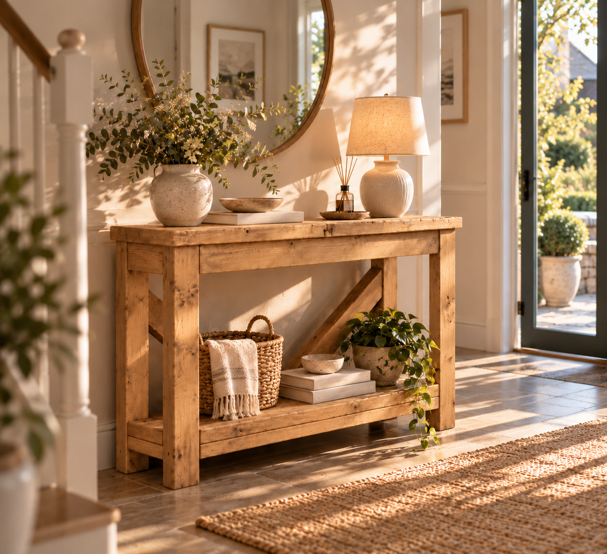 Cera Light Oak Colour Console Table With V Back