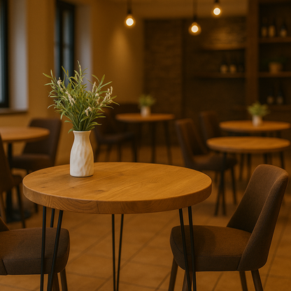 Round Solid Wood Tables With Hairpin Legs For Cafes and Restaurants Hospitality (Bulk Order)