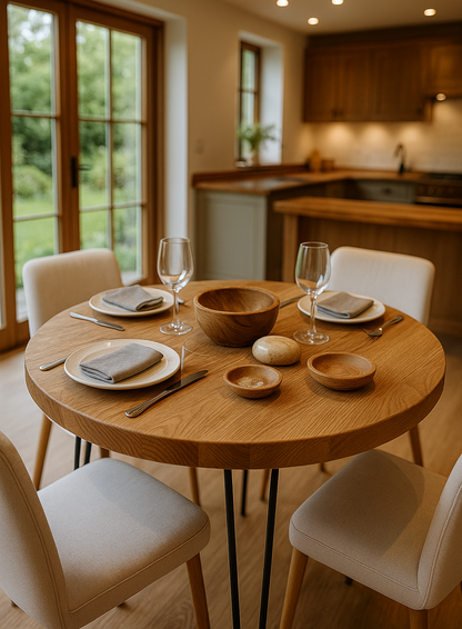 Solid Oak Round Dining Table With Hairpin Legs